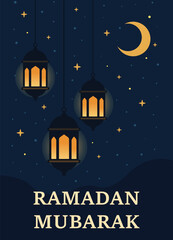 Ramadan Mubarak Lantern Greeting with Crescent Moon and Starry Night