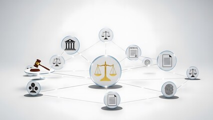 Justice system network with law symbols and documents connected