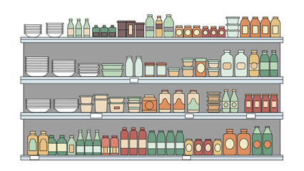 Organized supermarket shelves are stocked with a wide variety of bottled beverages, jars, and packaged food items in a retail store layout.