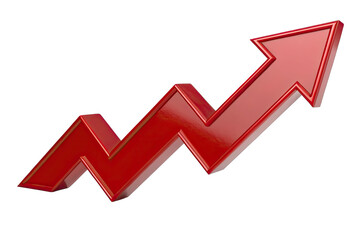 Shiny red 3D arrow diagram showing upward trend and progress isolated on transparent background
