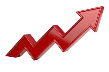 Shiny red 3D arrow diagram showing upward trend and progress isolated on transparent background