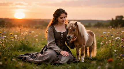 A young woman with long, wavy brown hair wears a lacing medieval gown, sitting gracefully in a sunset meadow while tenderly petting a small miniature pony horse.