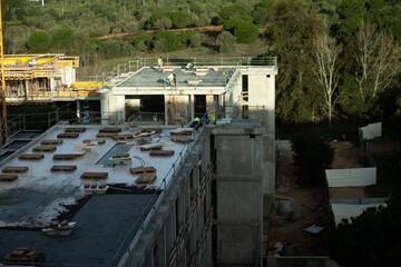 Fototapeta premium development process, residential area, new homes, construction site, architecture design, housing development, workers, apartments, civil engineering, new building, working site, aerial