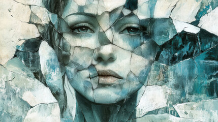 Shattered emotions portrait, conceptual art of broken identity