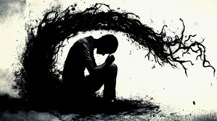 Silhouette of a person overwhelmed by anxiety and dark thoughts