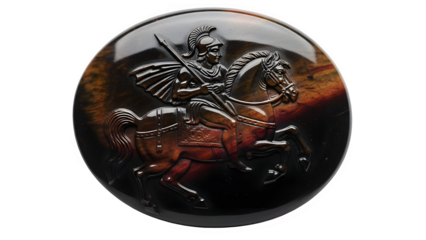 Ancient knight on horseback isolated on transparent background with sword and shield in medieval battle scene
