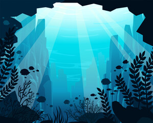 Underwater seascape with ocean creatures. Vector illustration with underwater cave, mountains, coral reef and seaweed. Marine life. 
