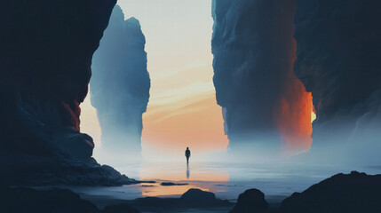 Solitary figure walking toward light in surreal canyon landscape