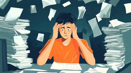 Stressed student overwhelmed by paperwork and pressure