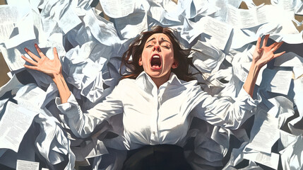 Stressed woman overwhelmed by paperwork and burnout