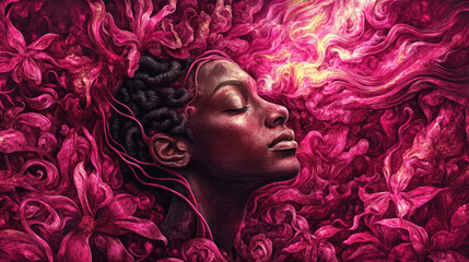 Surreal portrait of woman with floral textures and closed eyes