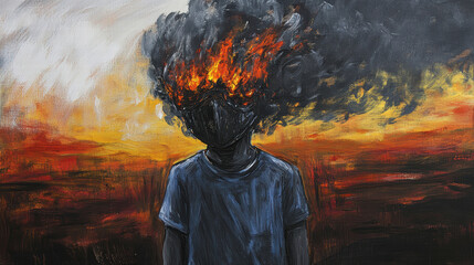 Symbolic painting of emotional burnout with head on fire