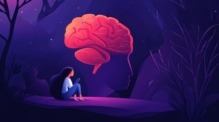 Woman exploring mental health in digital therapy concept art