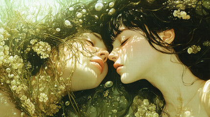 Two women underwater in emotional connection and healing moment