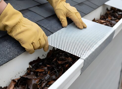 Gutter Guard Installation with Protective Gloves Symbolizing Home Maintenance and Protection, Roofing, and Water Management