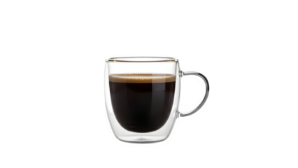 A clear glass mug filled with black coffee isolated on transparent background