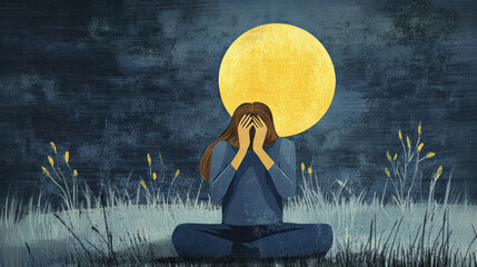 Woman under moon holding face in sadness, emotional burden concept
