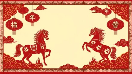 Chinese New Year background with two red horses, festive lanterns, auspicious clouds, and traditional border. Year of the Horse zodiac vector illustration in paper cut style.
