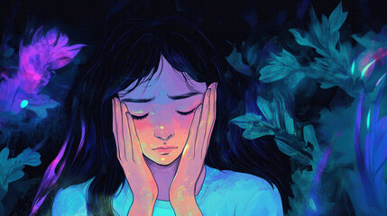 Young woman overwhelmed by emotion in glowing dreamlike scene