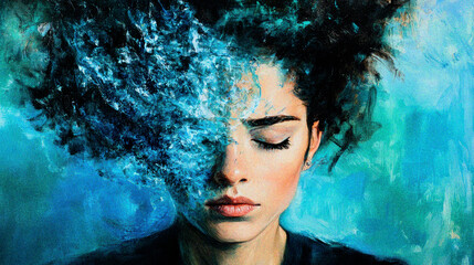 Woman with eyes closed dissolving into blue abstract texture