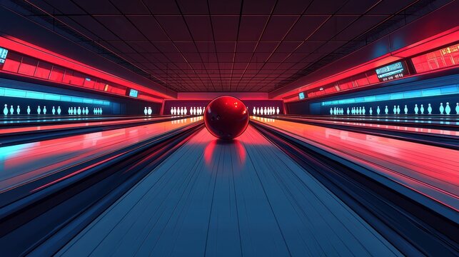 Red bowling ball on lane, futuristic alley, neon lights, night game, entertainment