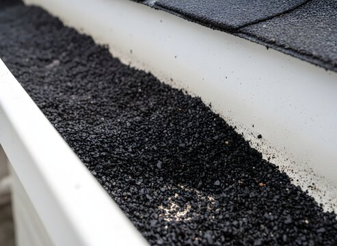 Clogged Gutter with Granules from Asphalt Shingles Symbolizing Roof Maintenance Issues, Home Repair, and Drainage Problems, Construction, Renovation
