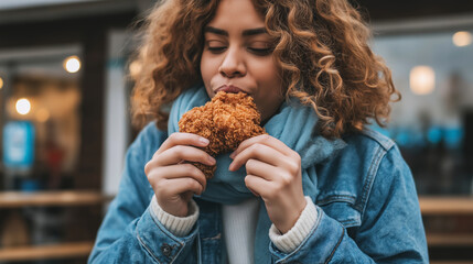 Happy young woman savoring a fresh piece of golden fried chicken in her hands, enjoying quick meal during her day