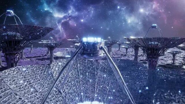 Futuristic space station with satellite dishes in galaxy background. latest creative trending background video.creative motion graphic animation video