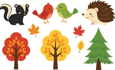 Cute autumn forest animal and tree set with birds leaves and hedgehog in flat vector illustration