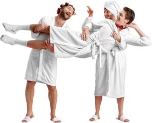 Three men in bathrobes carrying friend laughing together on transparent background. Concept of bachelor party promotion, male friendship, fun lifestyle visuals for event ads and social media.
