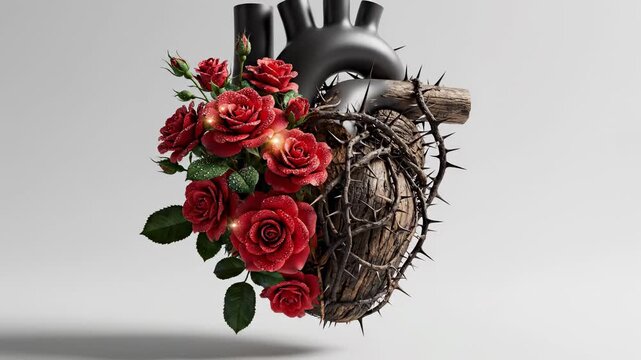 Anatomical heart red rose thorn wood surreal conceptual nature contrast artistic emotional sculpture, dramatic floral wooden heart wrapped sharp thorns with vibrant red roses, fresh green leaves