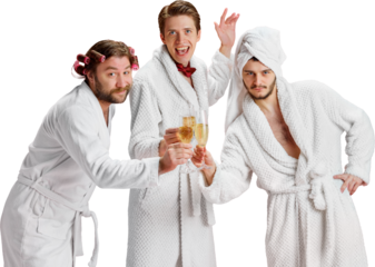 Three men in bathrobes cheering with champagne on transparent background. Concept of lgbtq friendly advertising, inclusive lifestyle branding, celebration visuals for campaigns and digital platforms.