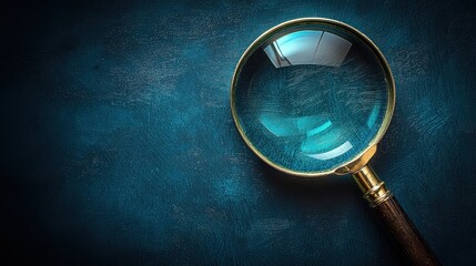 Magnifying glass on dark blue surface, investigation concept, copy space