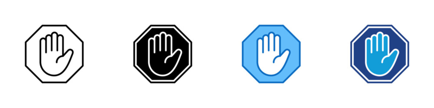 Stop Sign Multiple Style Icon Design Vector - Hand symbol inside an octagon, representing restriction, warning, and operational halt