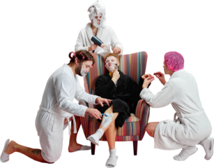 Four men in bathrobes performing group selfcare treatment on transparent background. Concept of skincare services, grooming routine, wellness storytelling for advertising and product visuals.