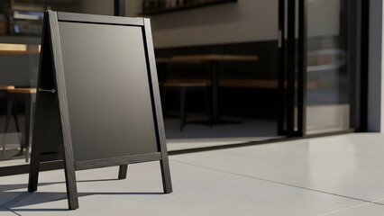 Blank wooden A-frame sandwich board sign mockup standing ready for custom messaging and advertising placement outside a modern cafe entrance with blurred interior seating visible