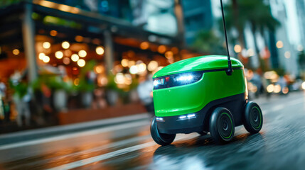 Autonomous delivery robot driving along a modern city street at sunset, showcasing smart technology, urban logistics, and future transportation