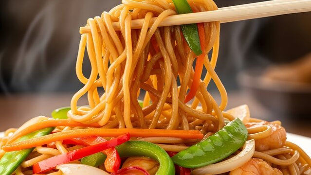 Delicious stir-fried noodles with vegetables and shrimp