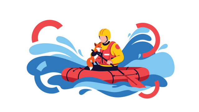 Brave emergency responder in a red inflatable raft rescues a fox from a powerful ocean wave during a flood or storm.