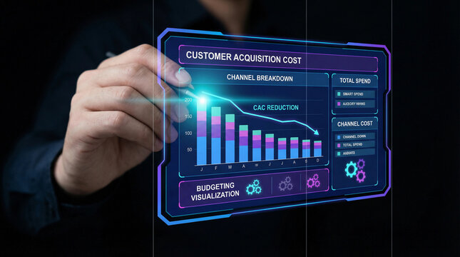 Holographic customer acquisition cost dashboard with CAC reduction chart and budgeting visualization - Powered by Adobe