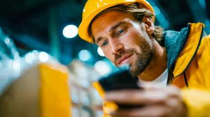 Warehouse worker wearing a hard hat checking a smartphone in a logistics center, representing inventory management, digital tracking, and modern supply chain operations