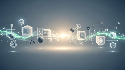 Futuristic technology icons and symbols aligned in a wavy green line on a dark blue background with a glowing light effect