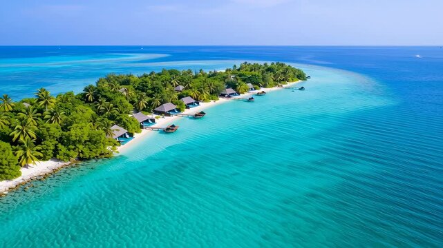 Tropical island with beachside villas and clear blue water