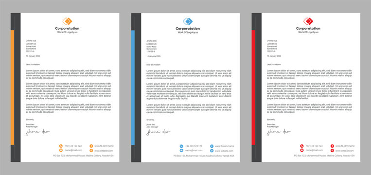 Professional and clean letterhead design suitable for corporate, business, and personal use. This modern letterhead template is perfect for official documents, job applications, company communication,