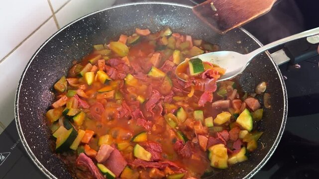 Cooking of Pastrami Beef Brisket Ragout with Zucchini, Bell Pepper, Onion in a Rich Tomato Sauce