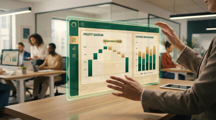 Team analyzing holographic financial dashboard with interactive profit and expense charts in office
