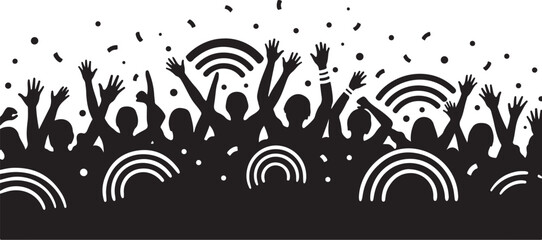 Fototapeta premium Silhouette of joyful crowd celebrating with raised hands together