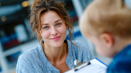 Young mother and her son meeting with a social worker, discussing family support in a bright office setting