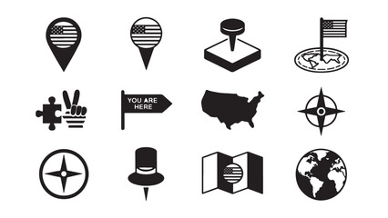 USA travel and navigation vector icon set featuring map pins with flags, compasses, globes, and "you are here" signs for American tourism and geography projects