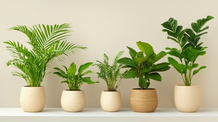 Obraz premium Group of Indoor Green Plants in Modern Pots on Shelf